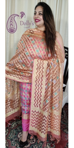 Pure Dupion Net Silk Handloom Zari Weaved Shirt with Plain Bottom and Pure Kora Net Zari and Meenakari Weaved Dupatta