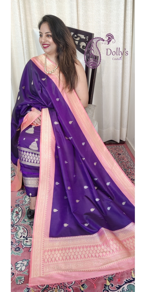 Pure Kataan Silk Sona Roopa Kadua Zari Weaved Suit with Kadiyal Borders and Palla