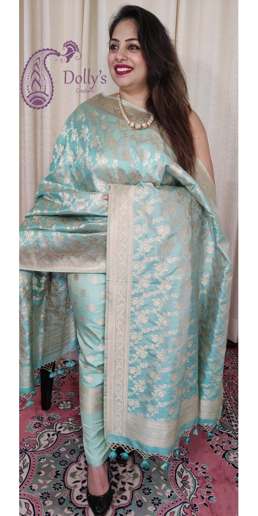 Pure Kataan Silk Intricate Cut-work Zari Weaved Suit