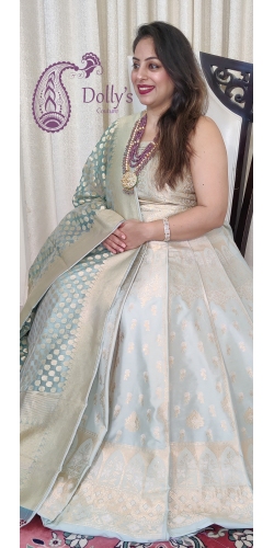 Pure Kataan Silk Intricate Sona Roopa Zari Weaved Pastel Color Lehenga With Blouse and Borders for Dupatta