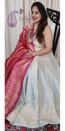 Pure Kataan Silk Intricate Sona Roopa Zari Weaved Pastel Color Lehenga With Blouse and Borders for Dupatta