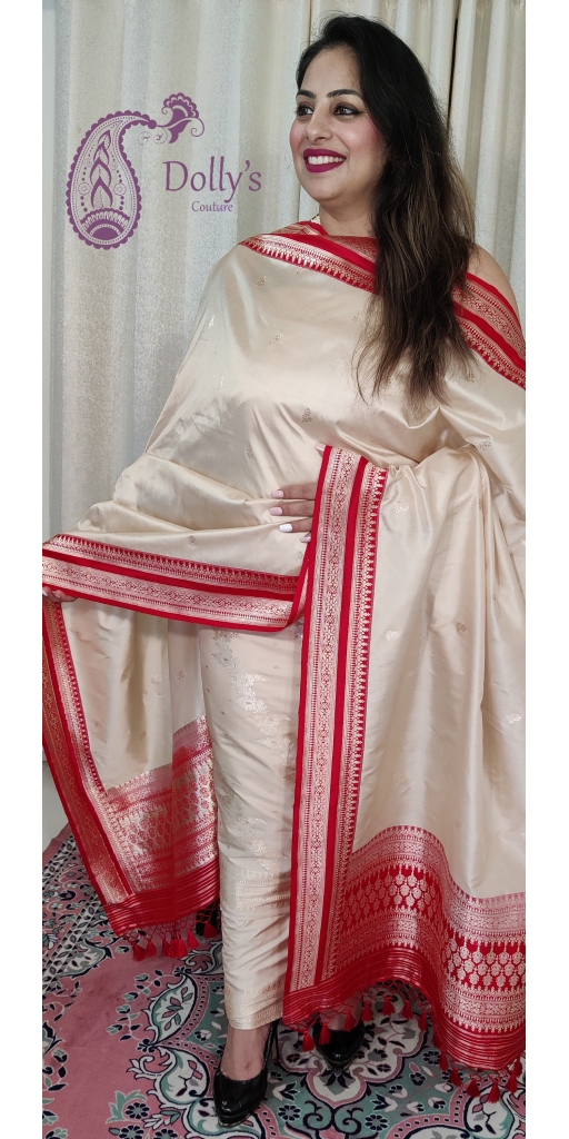 Pure Kataan Silk Sona Roopa Kadua Zari Weaved Suit with Kadiyal Borders on Dupatta