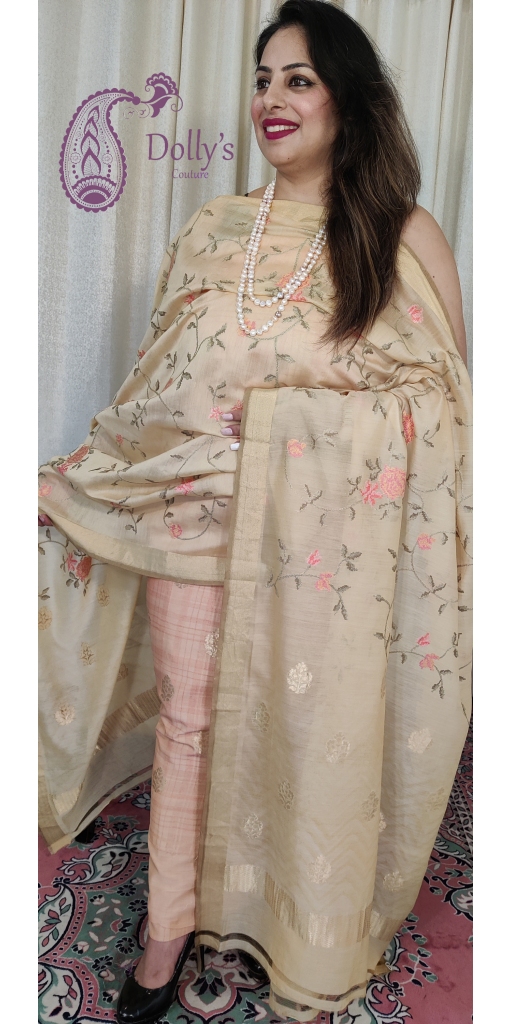 Pure Chanderi Silk Zari Weaved Suit With Embroidery Dupatta