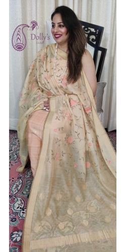 Pure Chanderi Silk Zari Weaved Suit With Embroidery Dupatta