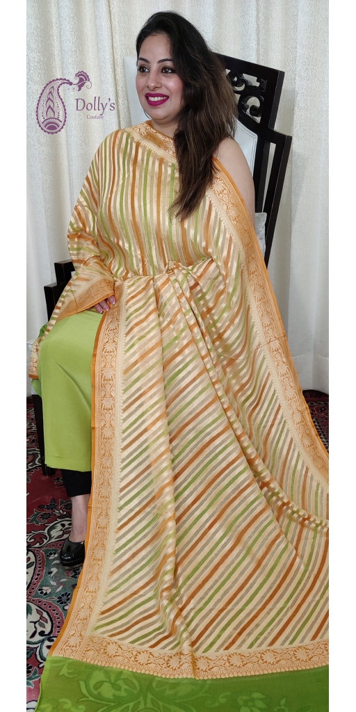 Pure Georgette Handloom Zari Weaved Lehriya Dupatta With Brush Paint