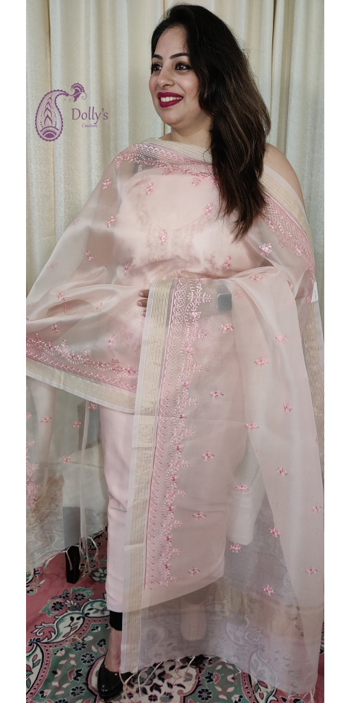 Pure Chanderi Silk Suit With Embroidery on Neckline, Plain Bottom And Kora Silk Embroidery Dupatta