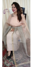 Pure Linen Embroidered Shirt With Kora Zari Weaved Striped Dupatta, Plain Bottom