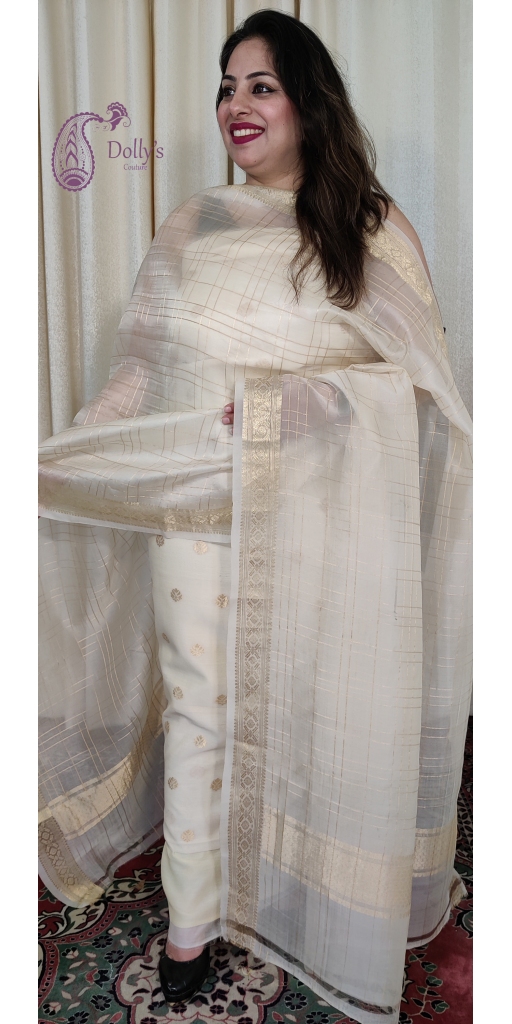 Pure Chanderi Silk Suit with Check Pattern Zari Weaved Dupatta