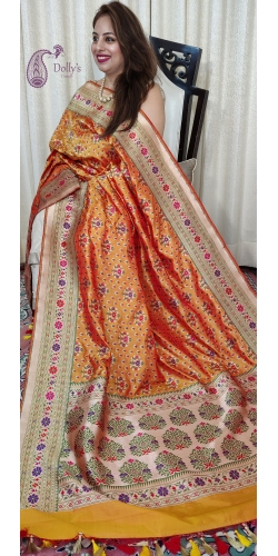 Pure Kataan Silk Intricate Zari and Meenakari Weaved Patola Pattern Dupatta With Paithni Borders and Palla