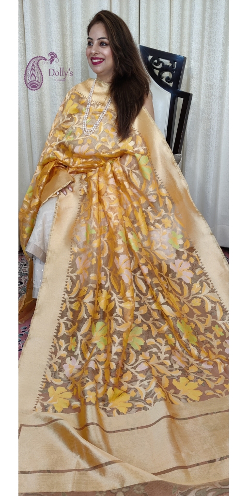 Pure Tissue Net Handloom Zari and Meenakari Weaved Floral Design Dupatta
