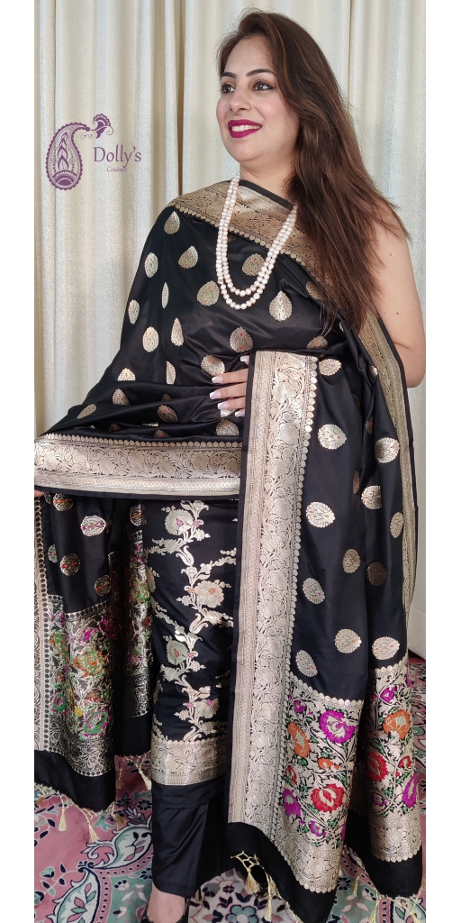Pure Kataan Silk Intricate Zari and Meenakari Weaved Suit with Paithni Border on Suit and Dupatta