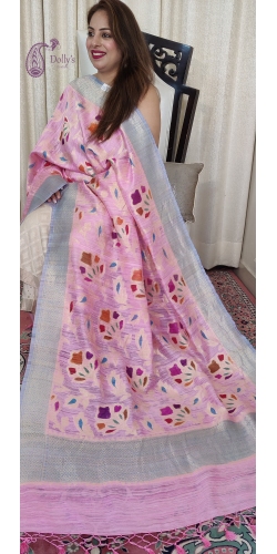 Pure Dupion Silk Handloom Zari Weaved Dupatta with Brush Paint