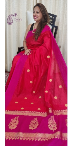 Pure Chiniya Silk Kadua Zari Weaved Saree With Conrast Geecha Border, Palla And Blouse
