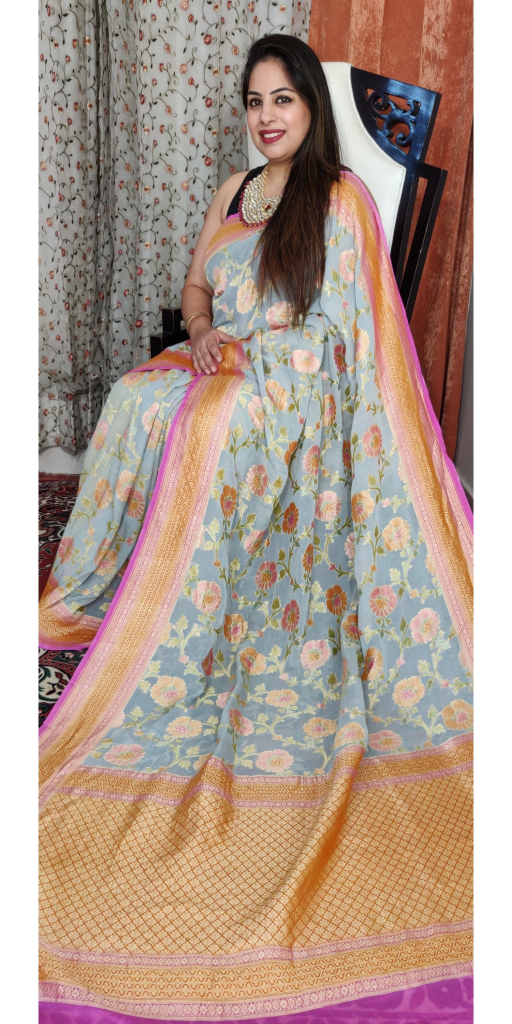 Pure Chiffon Georgette Handloom Zari Weaved Saree With Brush Paint and Contrast Borders, Palla and Blouse