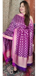 Pure Kataan Silk Cu-Work Zari Weaved Dupatta With Contrast Borders and Palla
