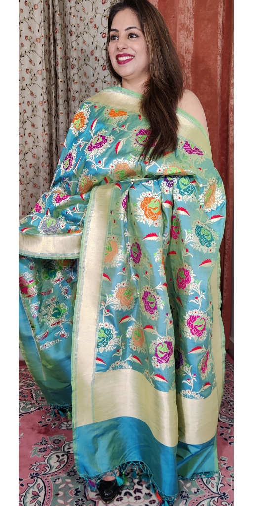 Pure Kataan Silk Cut-Work Zari and Multi Colored Meenakari Weaved Dupatta