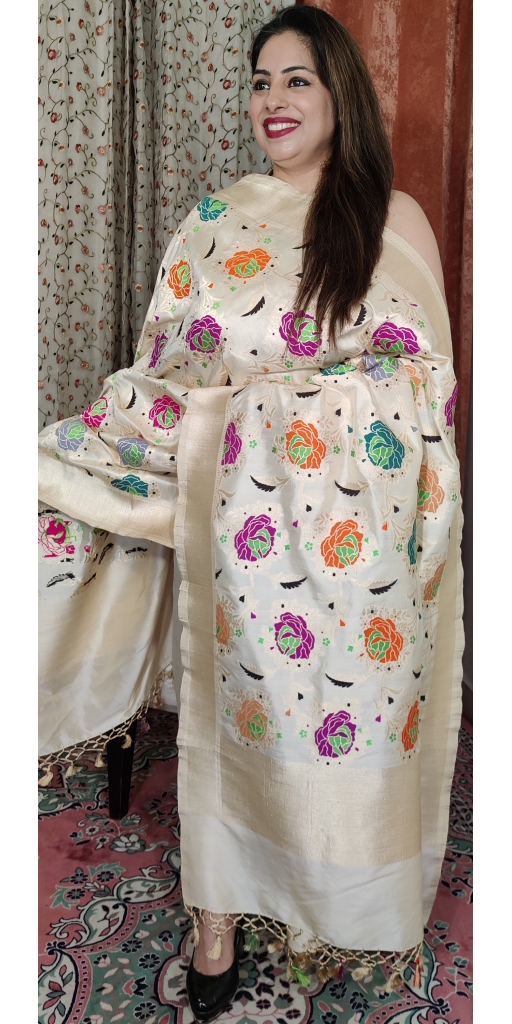 Pure Kataan Silk Cut-Work Zari and Multi Colored Meenakari Weaved Dupatta