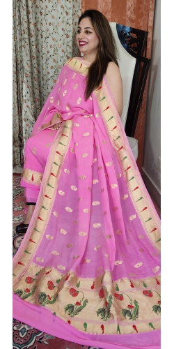 Pure Chiffon Georgette Handloom Zari Weaved Suit with Pathani Borders and Palla and Pure Crepe Bottom