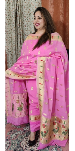Pure Chiffon Georgette Handloom Zari Weaved Suit with Pathani Borders and Palla and Pure Crepe Bottom