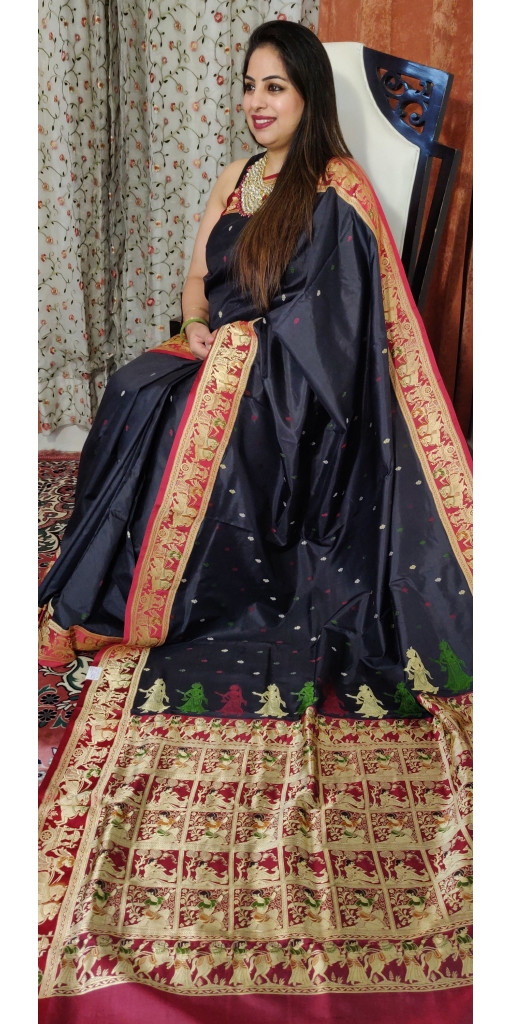 Pure Kataan Silk Multi Colored Resham Weaved Small Motifs With Baluchari Zari and Meenakari Weaved Borders and Palla