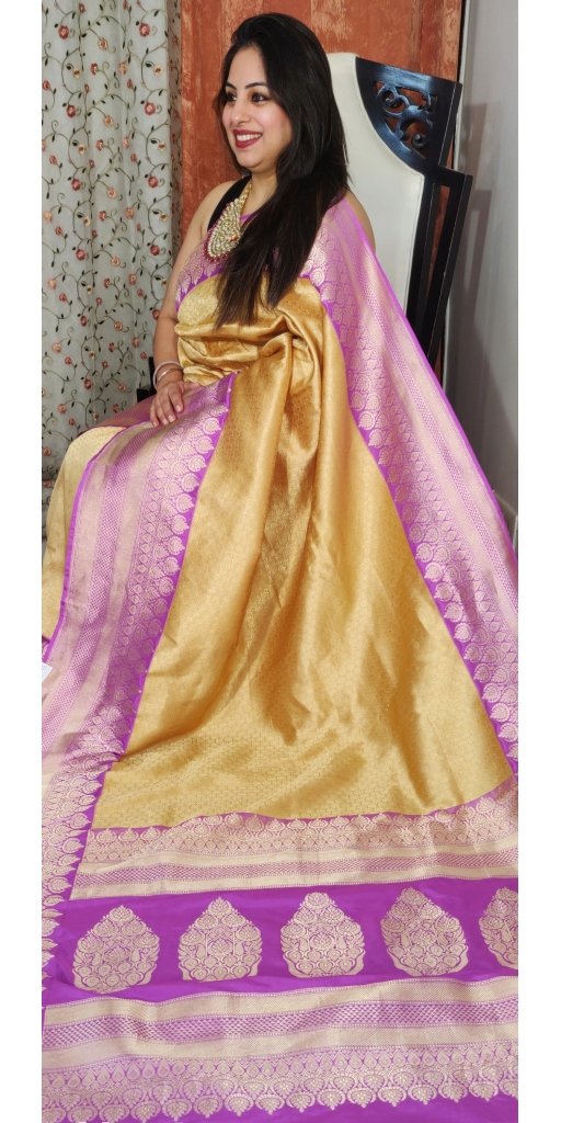 Pure Kataan Silk Tanchui Saree With Kadiyal Kadua Zari Weaved Border and Palla