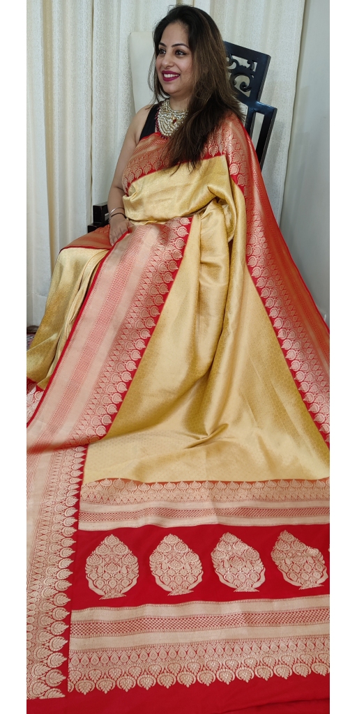 Pure Kataan Silk Tanchui Saree with Kadiyaal Kadua Zari Weaved Borders, Palla and Blouse