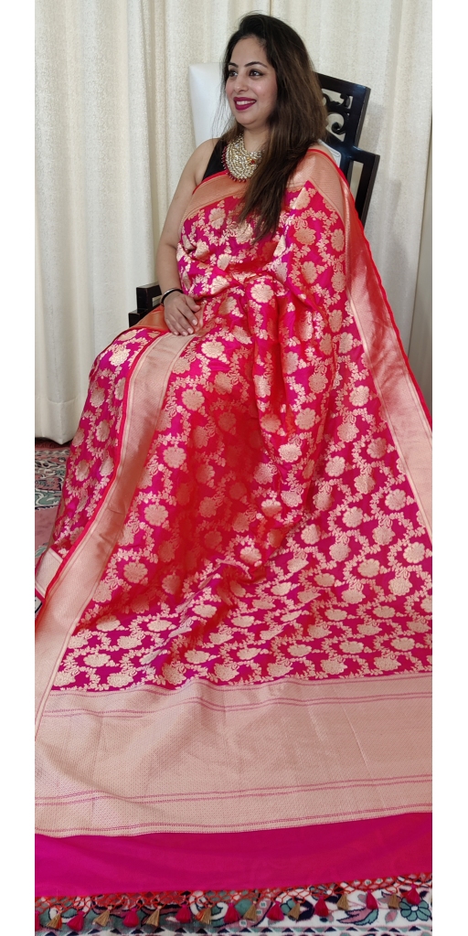 Pure Kataan Silk Cut-Work Zari Weaved Jaal Saree In Two-Tone